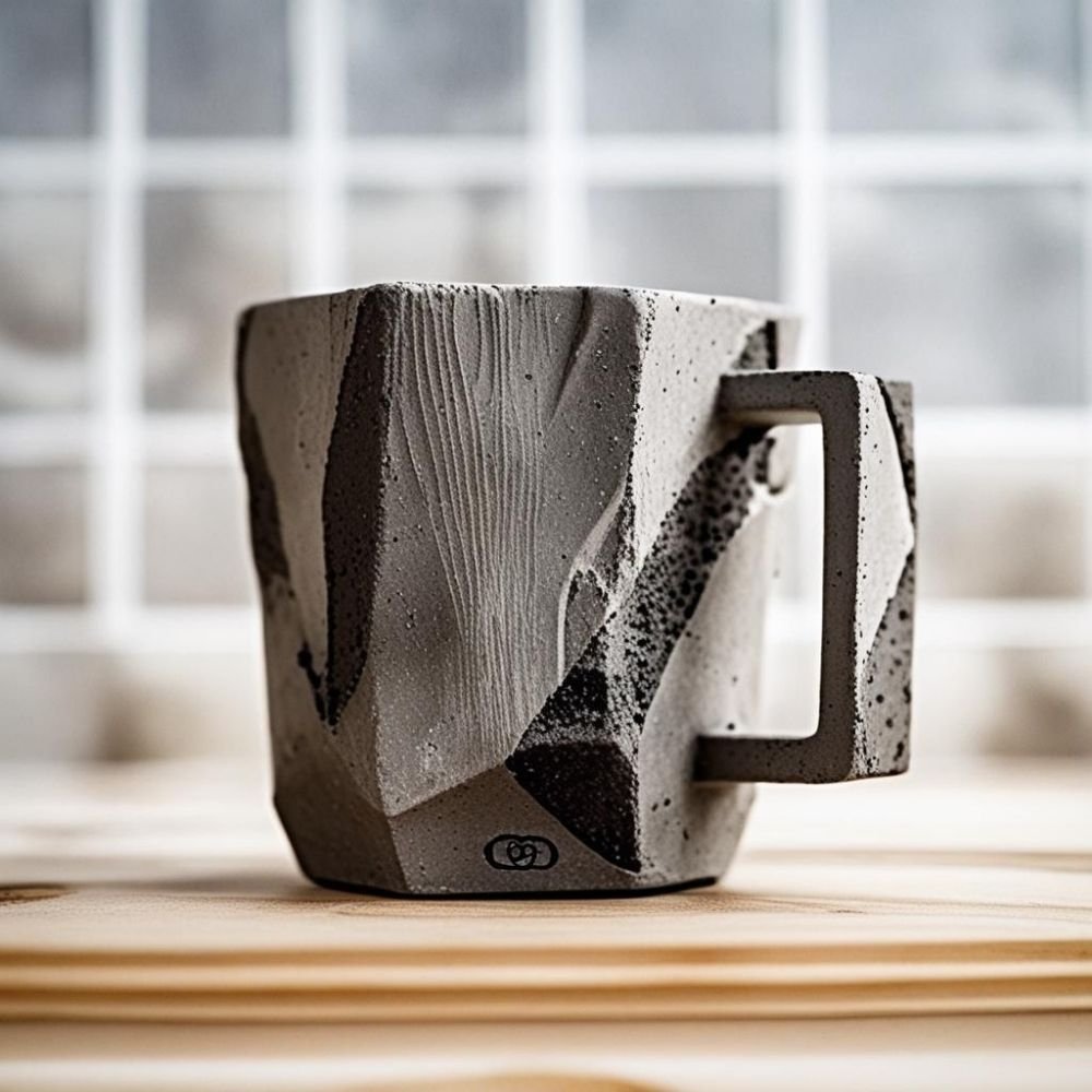  Brutalist ceramic mug with concrete texture and flat rectangular handle, rough surface, dramatic lighting 