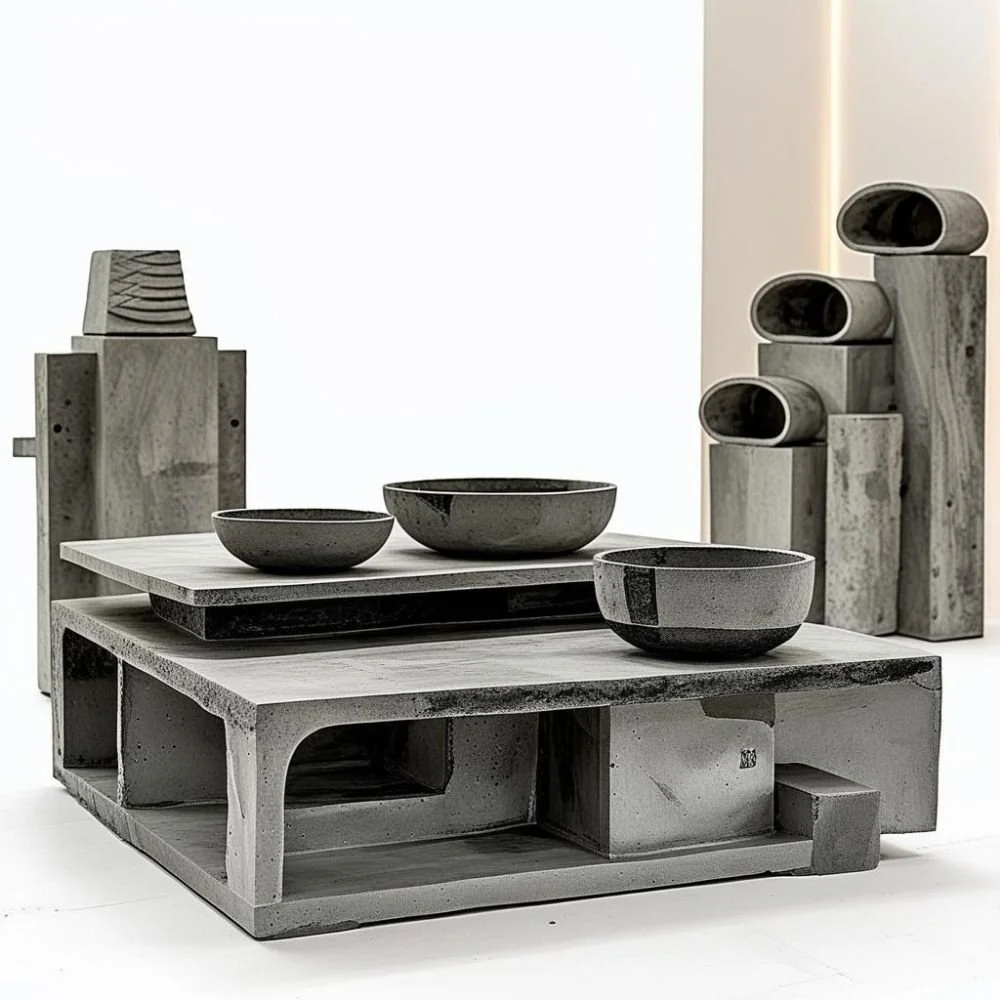  Brutalist ceramic dinner set with concrete texture and flat rectangular handle, rough surface, dramatic lighting 