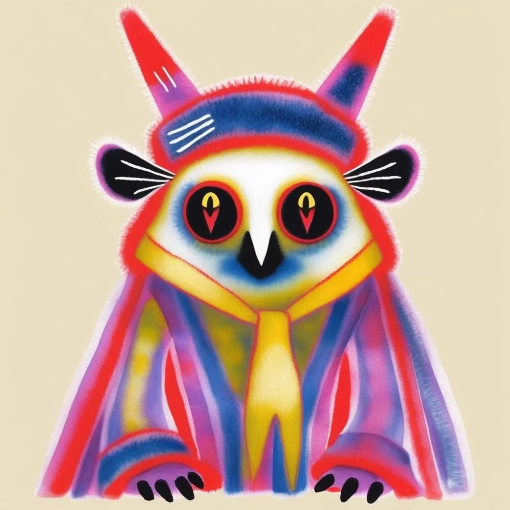 Strange creature with two pointed protrusions on its head in airbrush pinks and reds