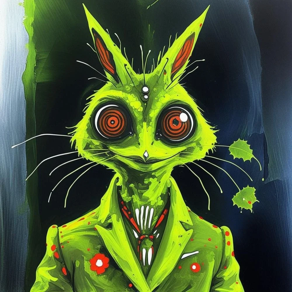 Strange creature with two pointed protrusions on its head, bright green