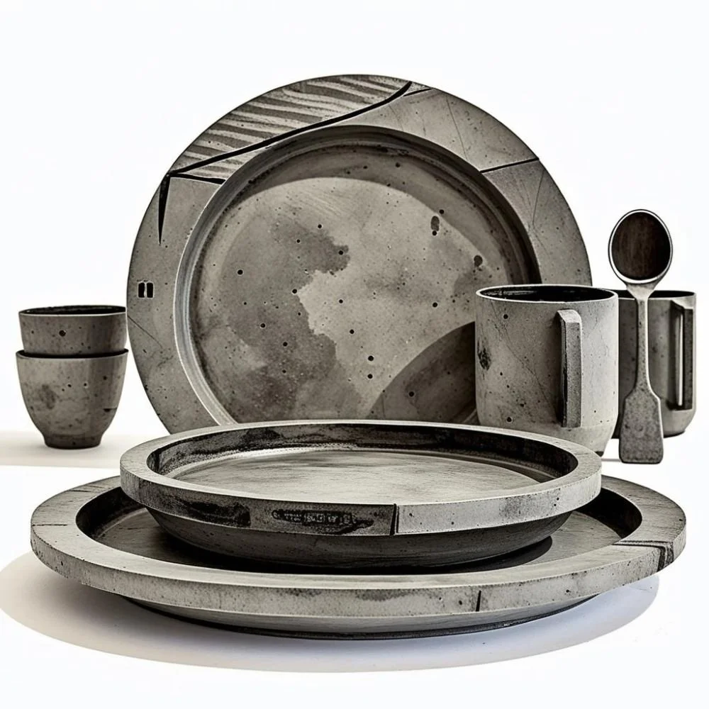  Brutalist ceramic dinner set with concrete texture and flat rectangular handle, rough surface, dramatic lighting 