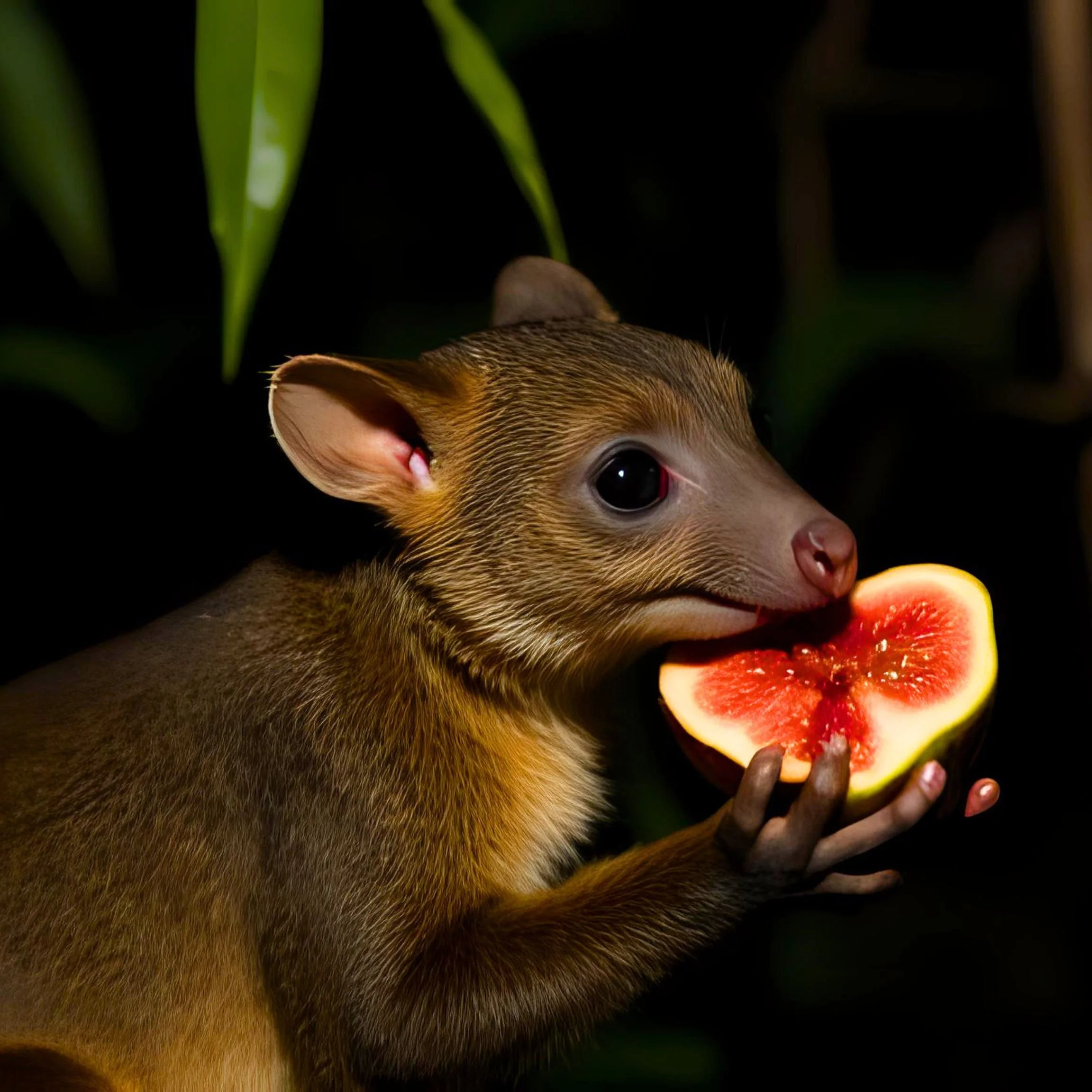 A kinkajou eating a fig