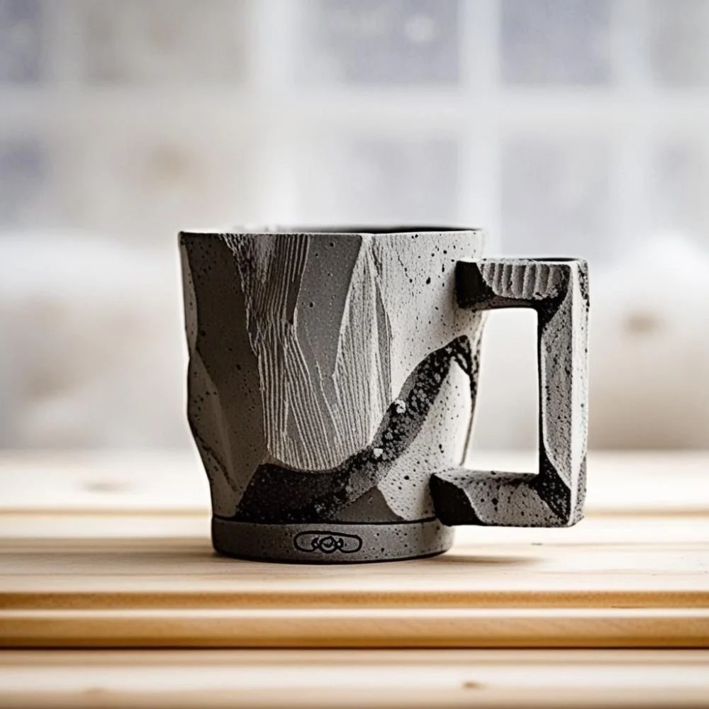 Brutalist ceramic mug with concrete texture and flat rectangular handle, rough surface, dramatic lighting