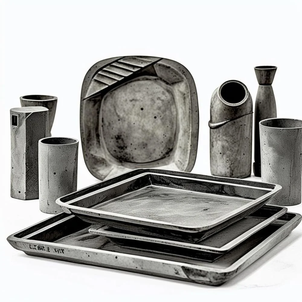  Brutalist ceramic dinner set with concrete texture and flat rectangular handle, rough surface, dramatic lighting 