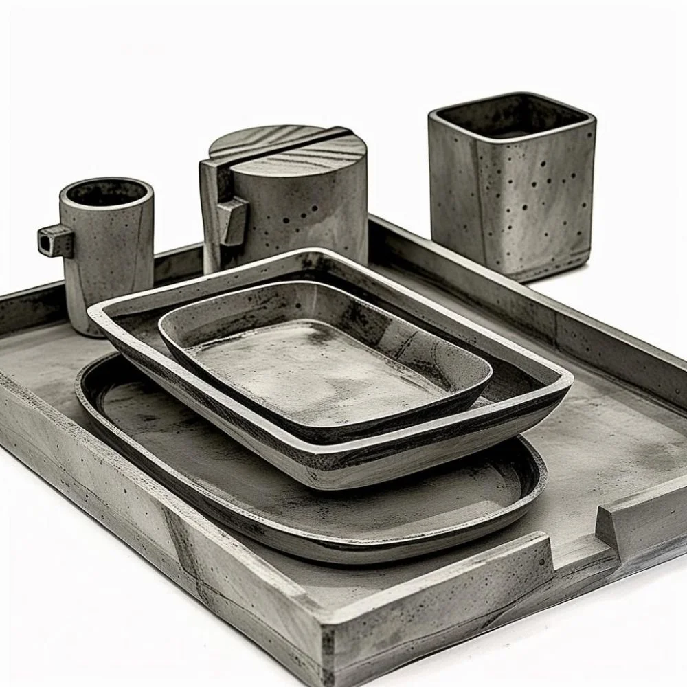  Brutalist ceramic dinner set with concrete texture and flat rectangular handle, rough surface, dramatic lighting 