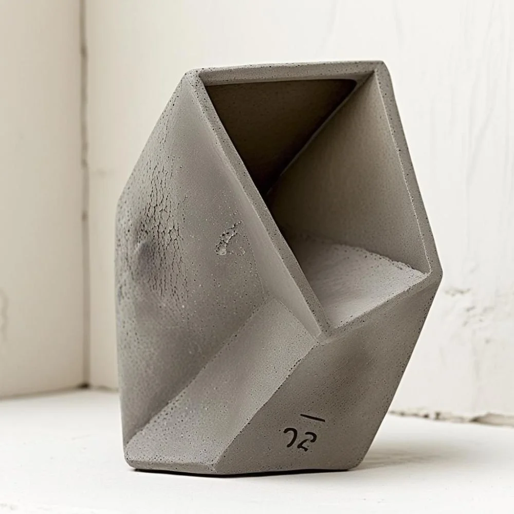  Brutalist ceramic trash can with concrete texture and flat rectangular handle, rough surface, dramatic lighting 