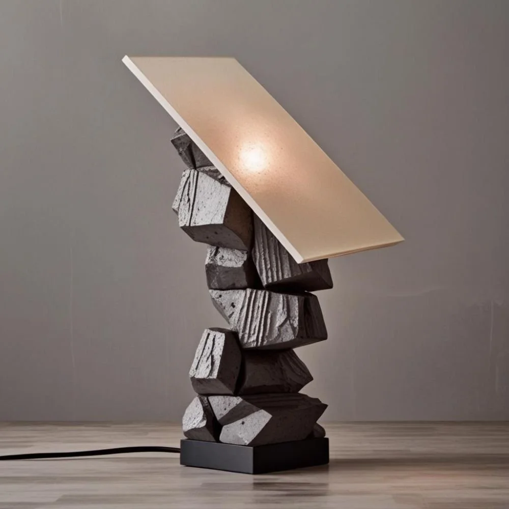  Brutalist ceramic lamp with concrete texture and flat rectangular handle, rough surface, dramatic lighting 