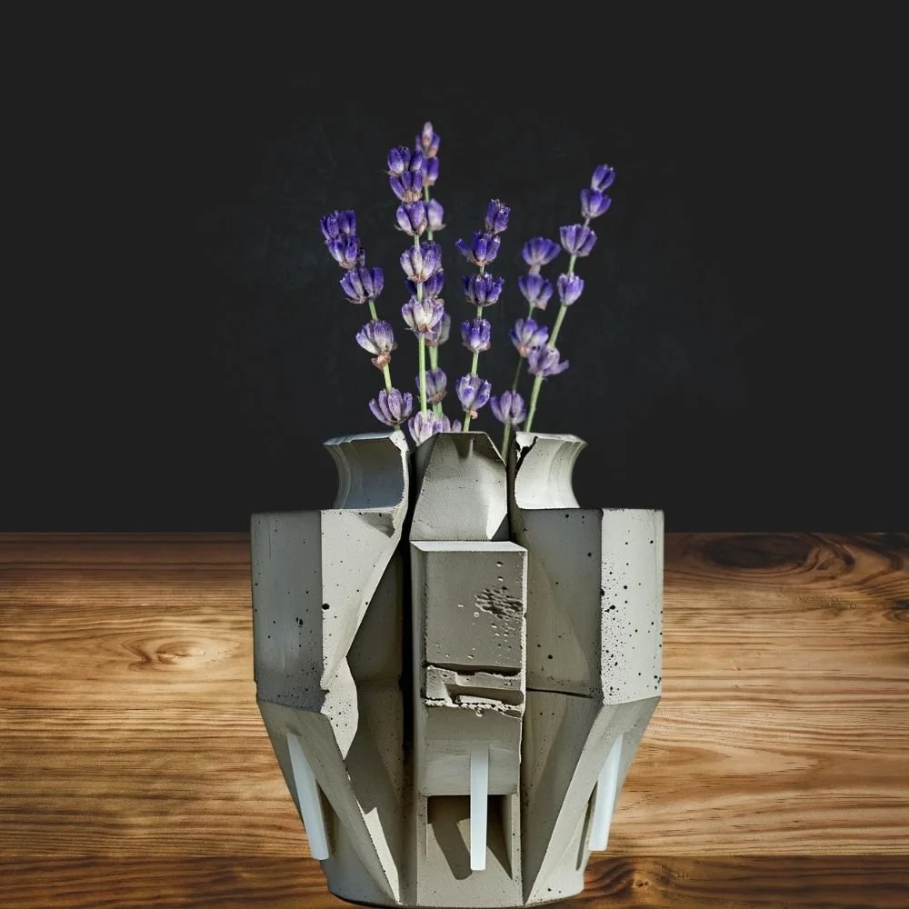  Brutalist ceramic vase holding lavender flowers, with concrete texture and flat rectangular handle, rough surface, dramatic lighting 