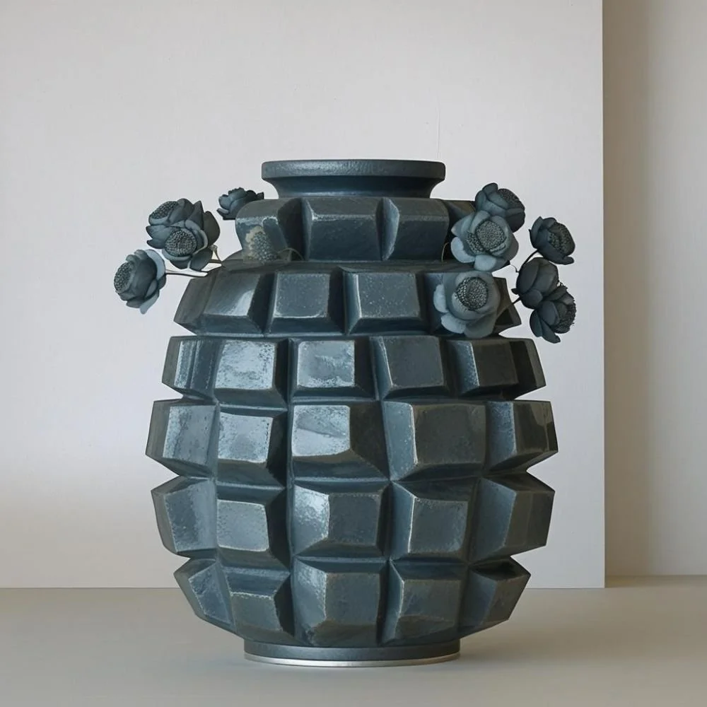  Brutalist ceramic vase with concrete texture and flat rectangular handle, rough surface, dramatic lighting 