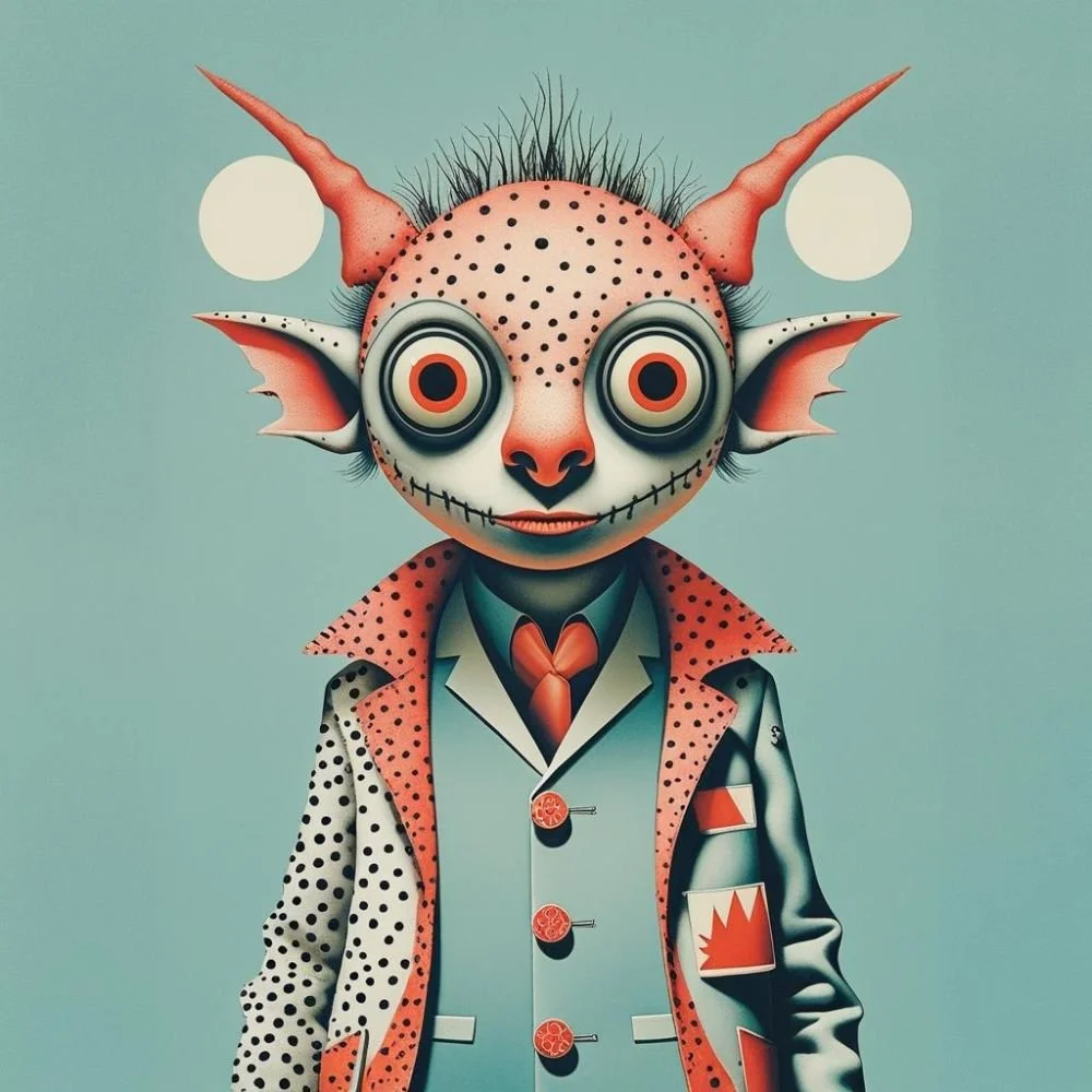 Strange creature with two pointed protrusions on its head, pink and sage green
