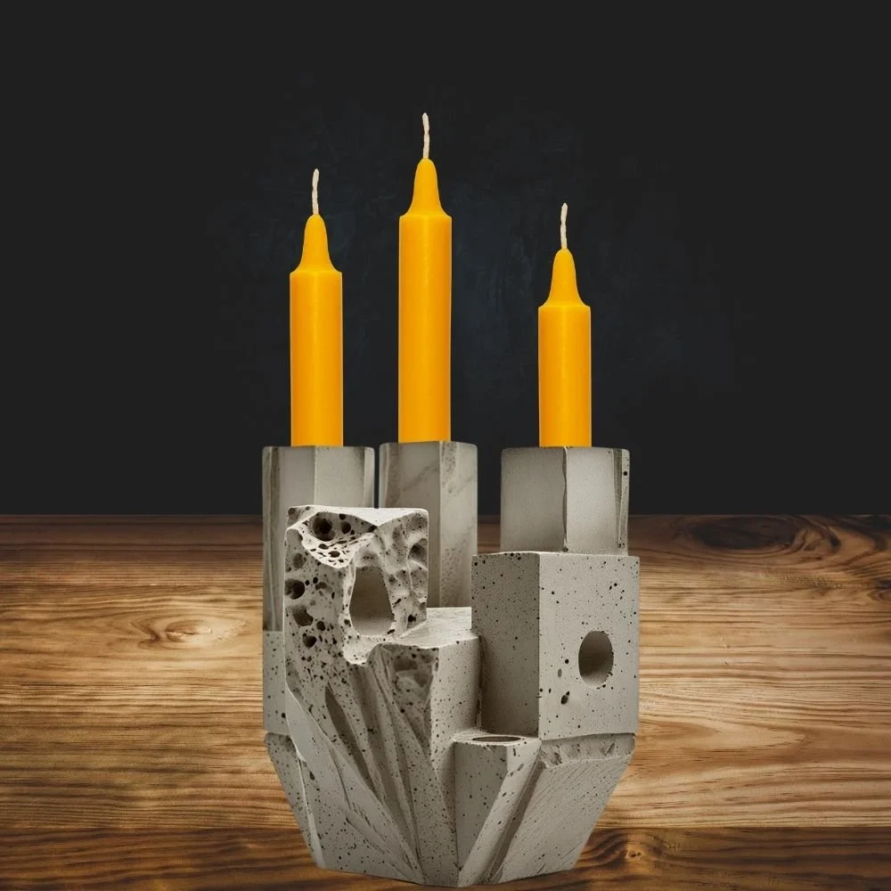  Brutalist ceramic candle holder and candles  with concrete texture and flat rectangular handle, rough surface, dramatic lighting 
