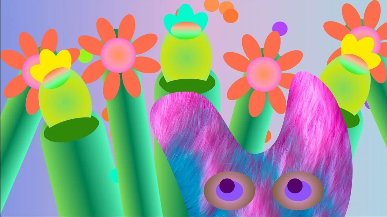 A still from Spoorcloud, an animation by Lantana Starr featuring saturated plant forms against a flat dreamscape background.