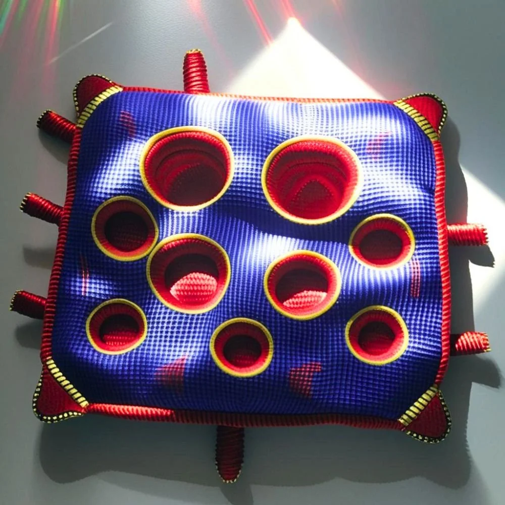  A handmade dimensional woven potholder in cobalt blue with red holes and spiked peaks, photographed on a plain surface. The textile has unusual three-dimensional structure with circular openings and raised points that extend beyond the flat plane of