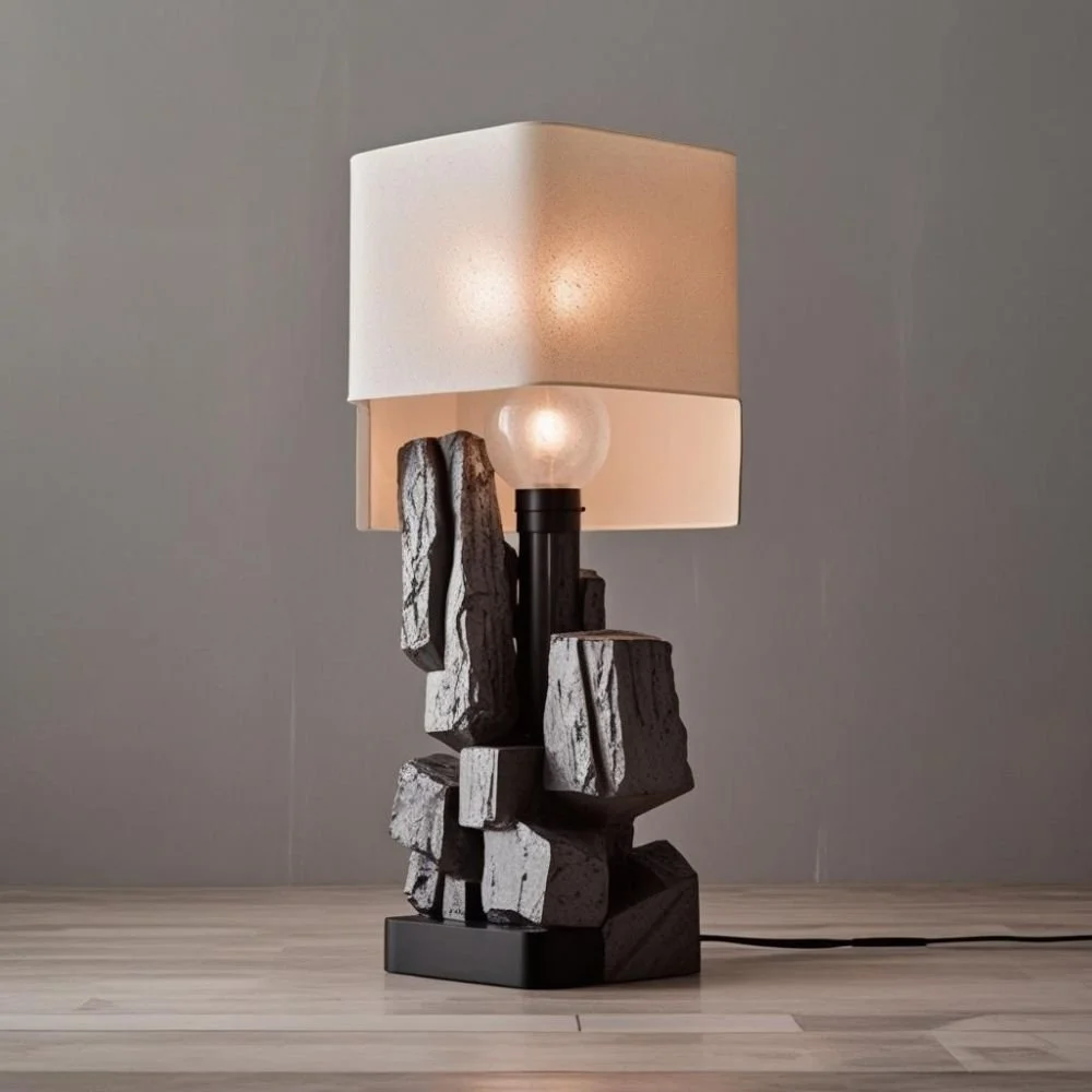  Brutalist ceramic lamp with concrete texture and flat rectangular handle, rough surface, dramatic lighting 