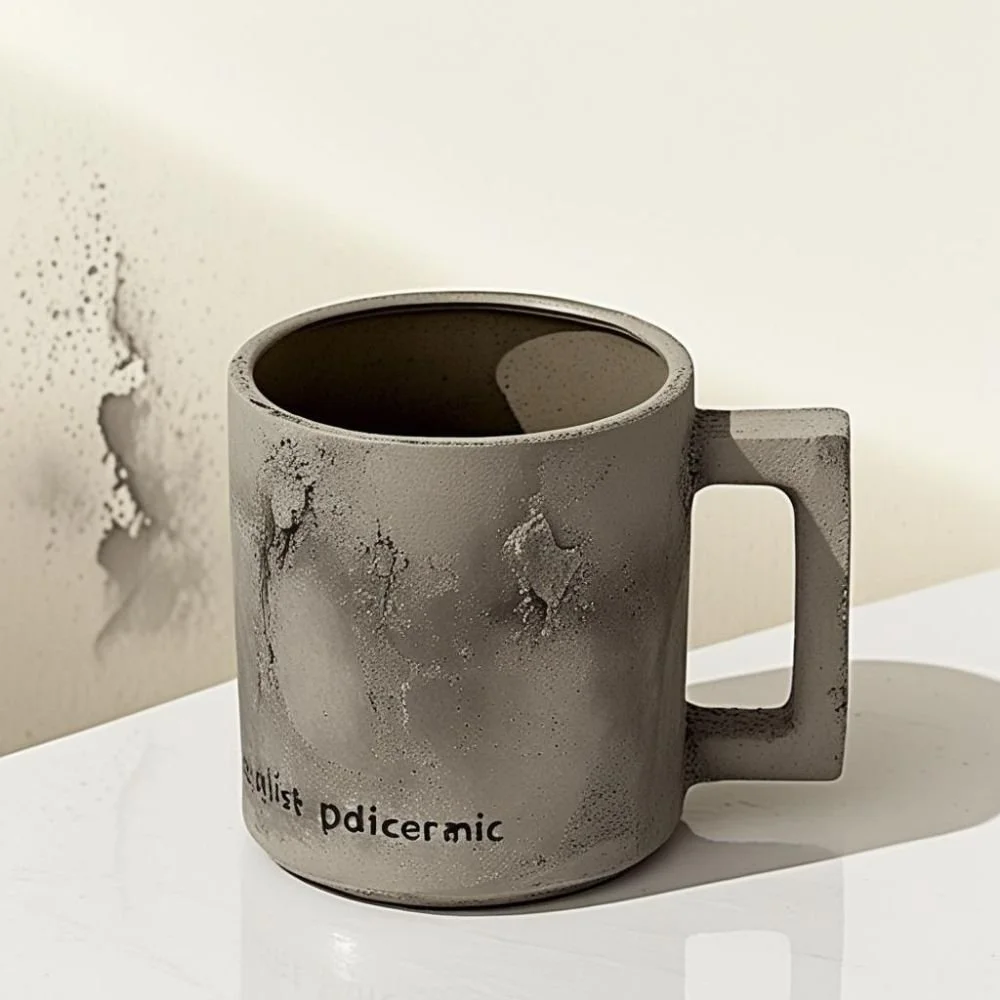  Brutalist ceramic mug with concrete texture and flat rectangular handle, rough surface, dramatic lighting 