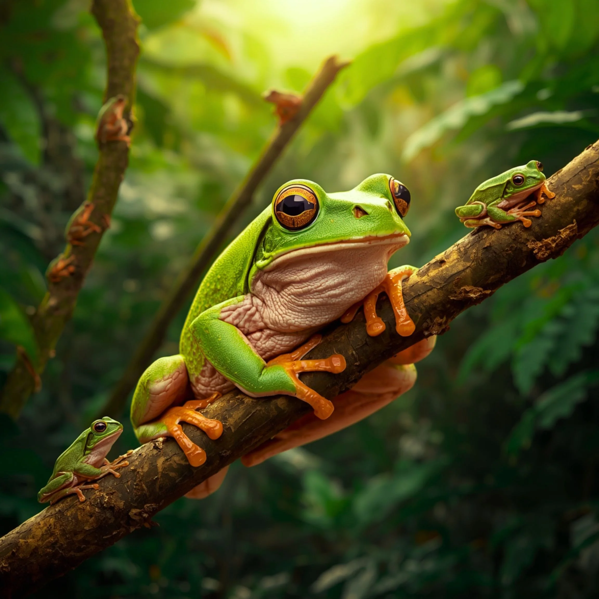 A large tree frog in a tree with smaller tree frogs around and behind him