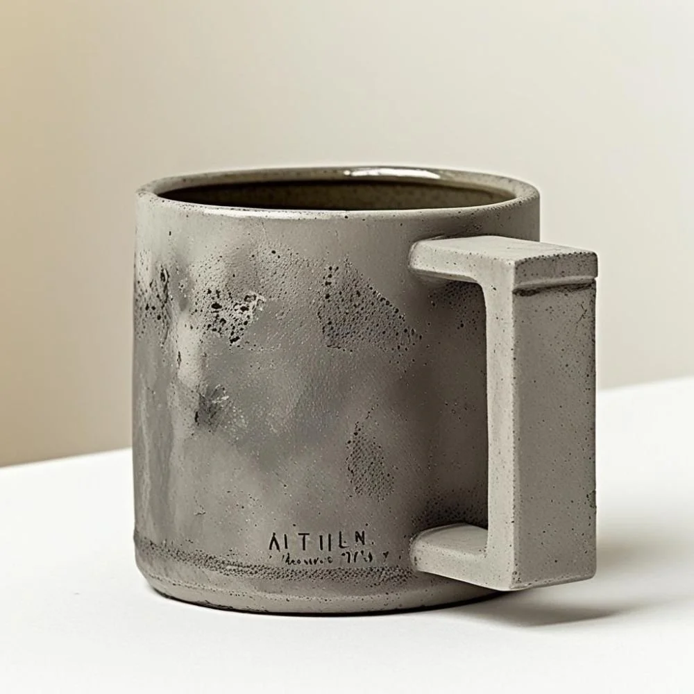  Brutalist ceramic mug with concrete texture and flat rectangular handle, rough surface, dramatic lighting 