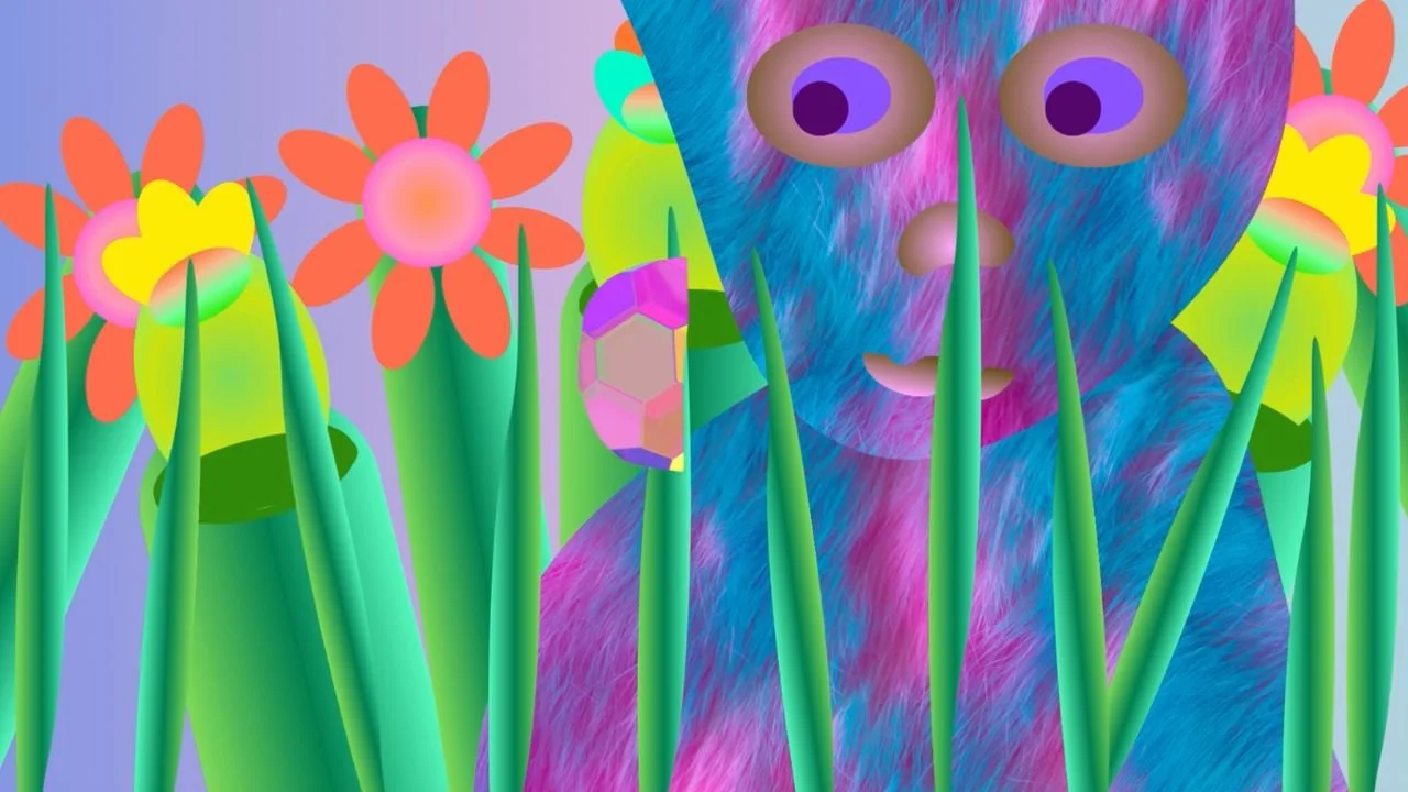  A still from Spoorcloud, an animation by Lantana Starr featuring saturated plant forms against a flat dreamscape background. Strange Creature. 