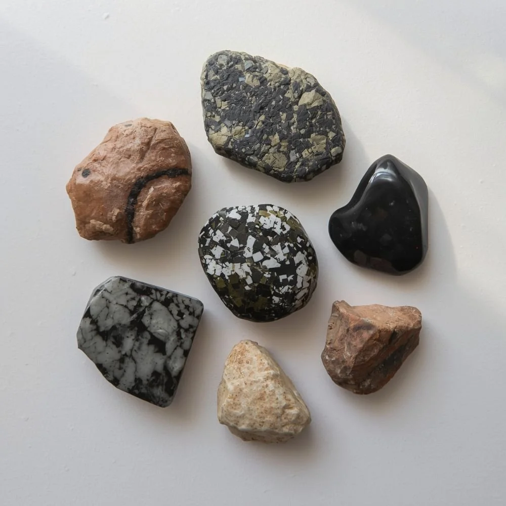  A collection of geological specimens arranged on a white surface — granite, obsidian, sandstone 