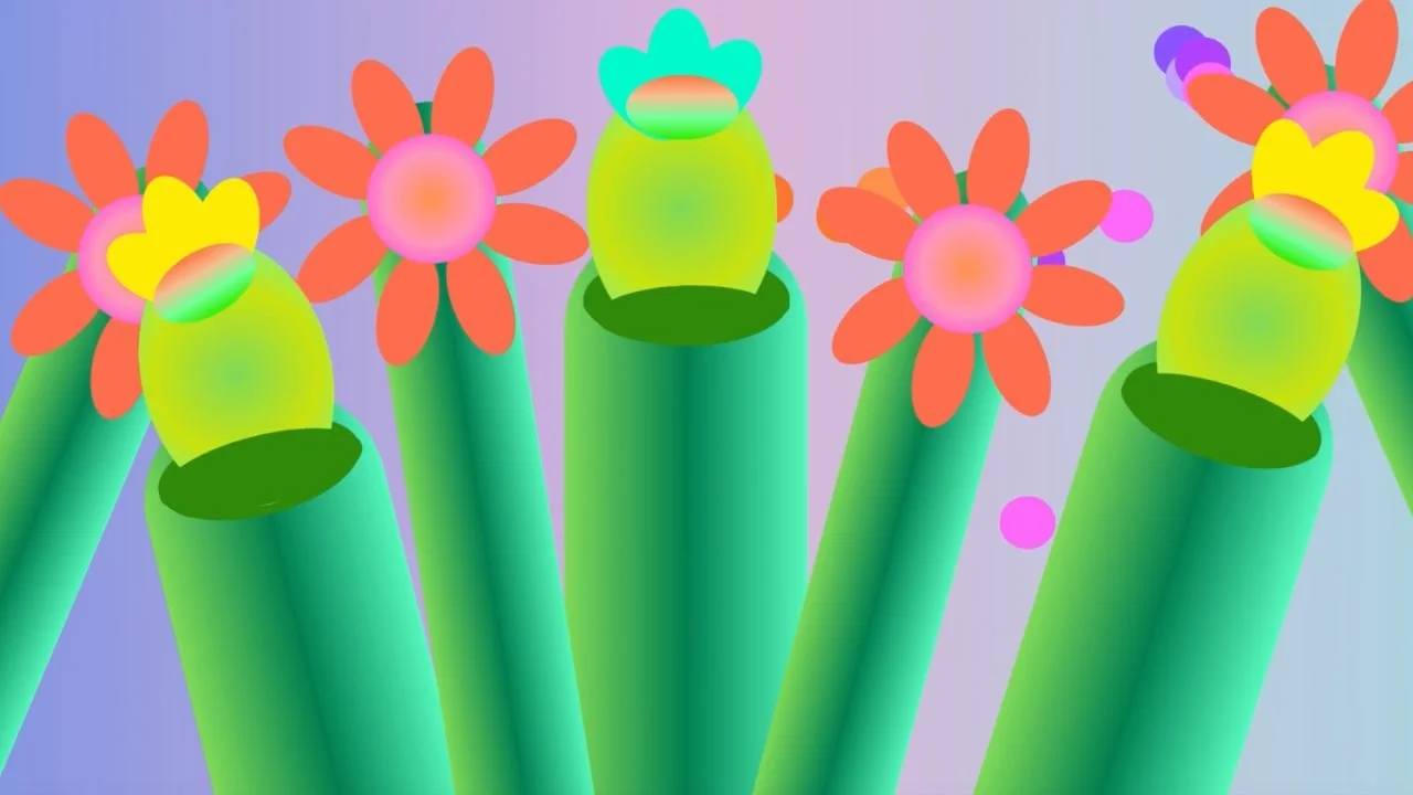  A still from Spoorcloud, an animation by Lantana Starr featuring saturated plant forms against a flat dreamscape background. 