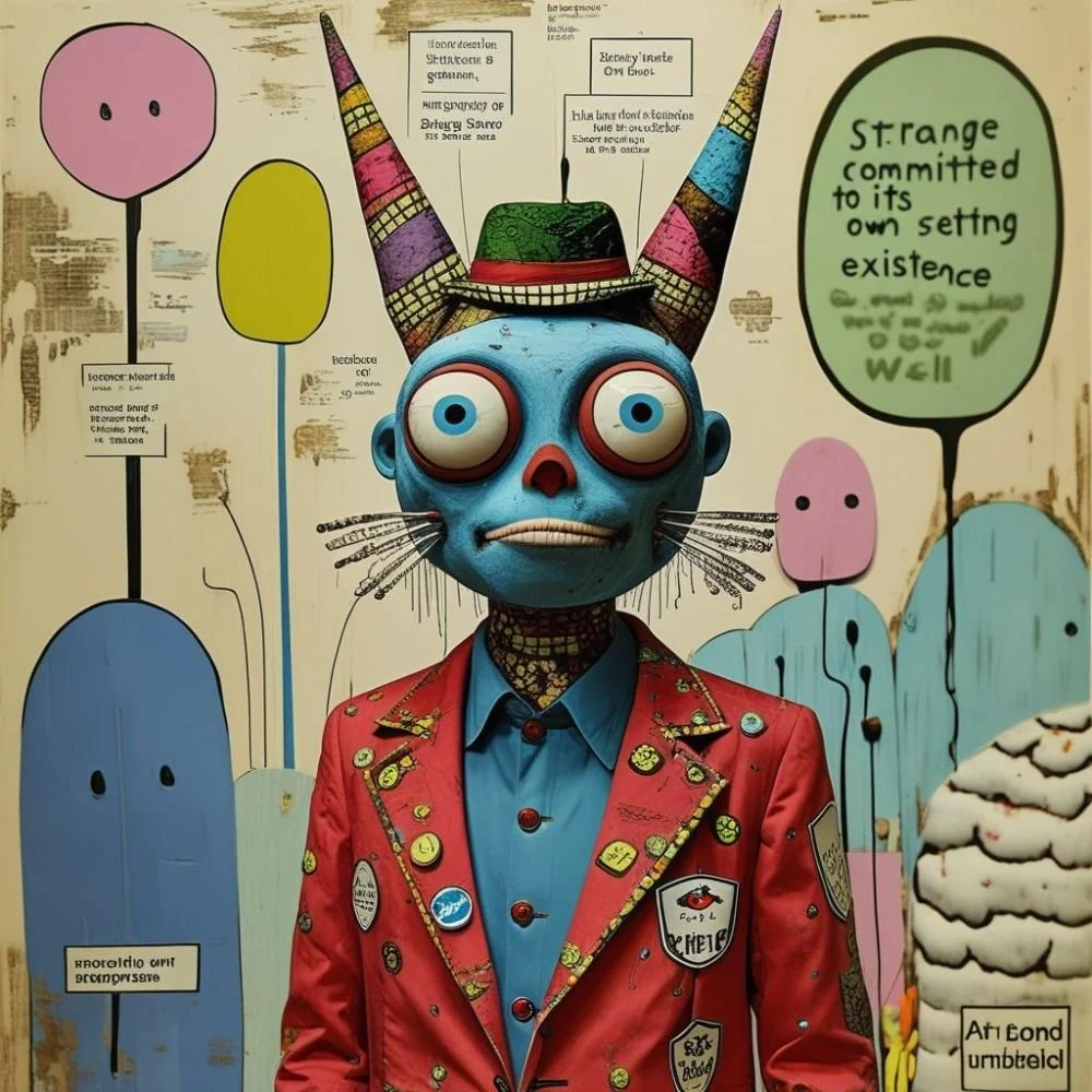Strange creature with two pointed protrusions on its head blue with writing on the wall