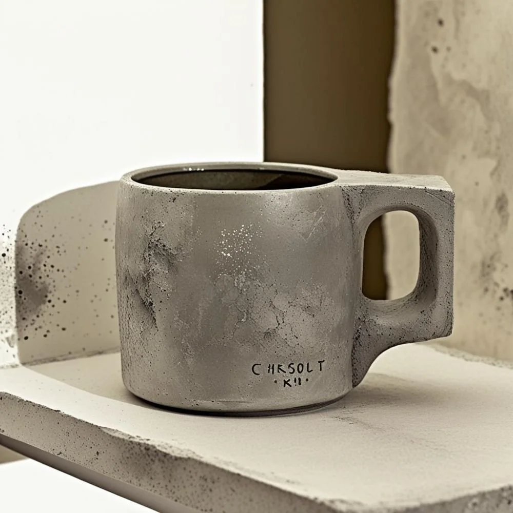  Brutalist ceramic mug with concrete texture and flat rectangular handle, rough surface, dramatic lighting 