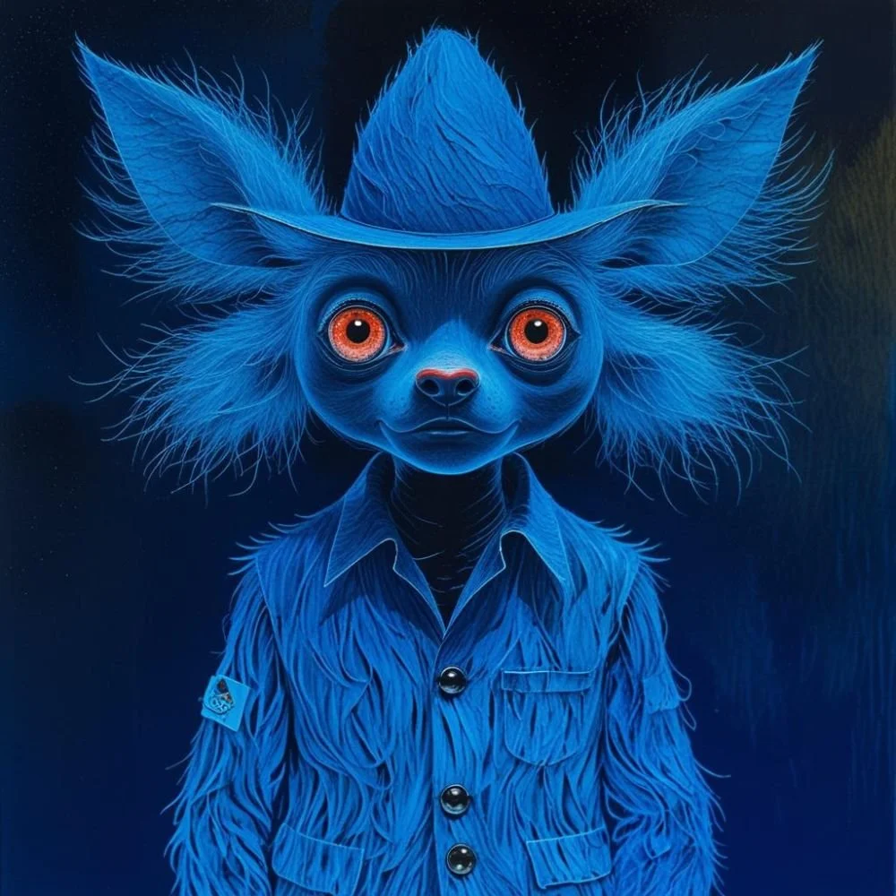 Strange creature with two pointed protrusions on its head ultramarine blue and dark blue