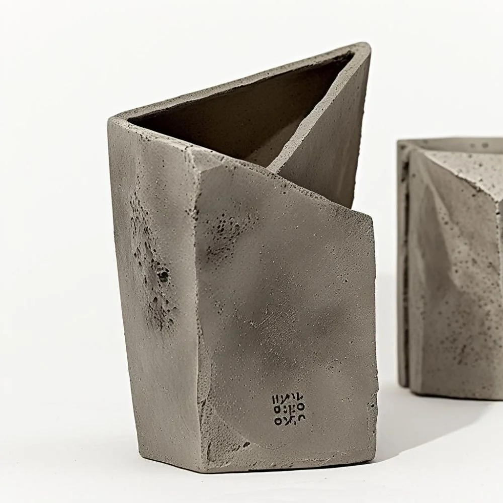  Brutalist ceramic trash can with concrete texture and flat rectangular handle, rough surface, dramatic lighting 