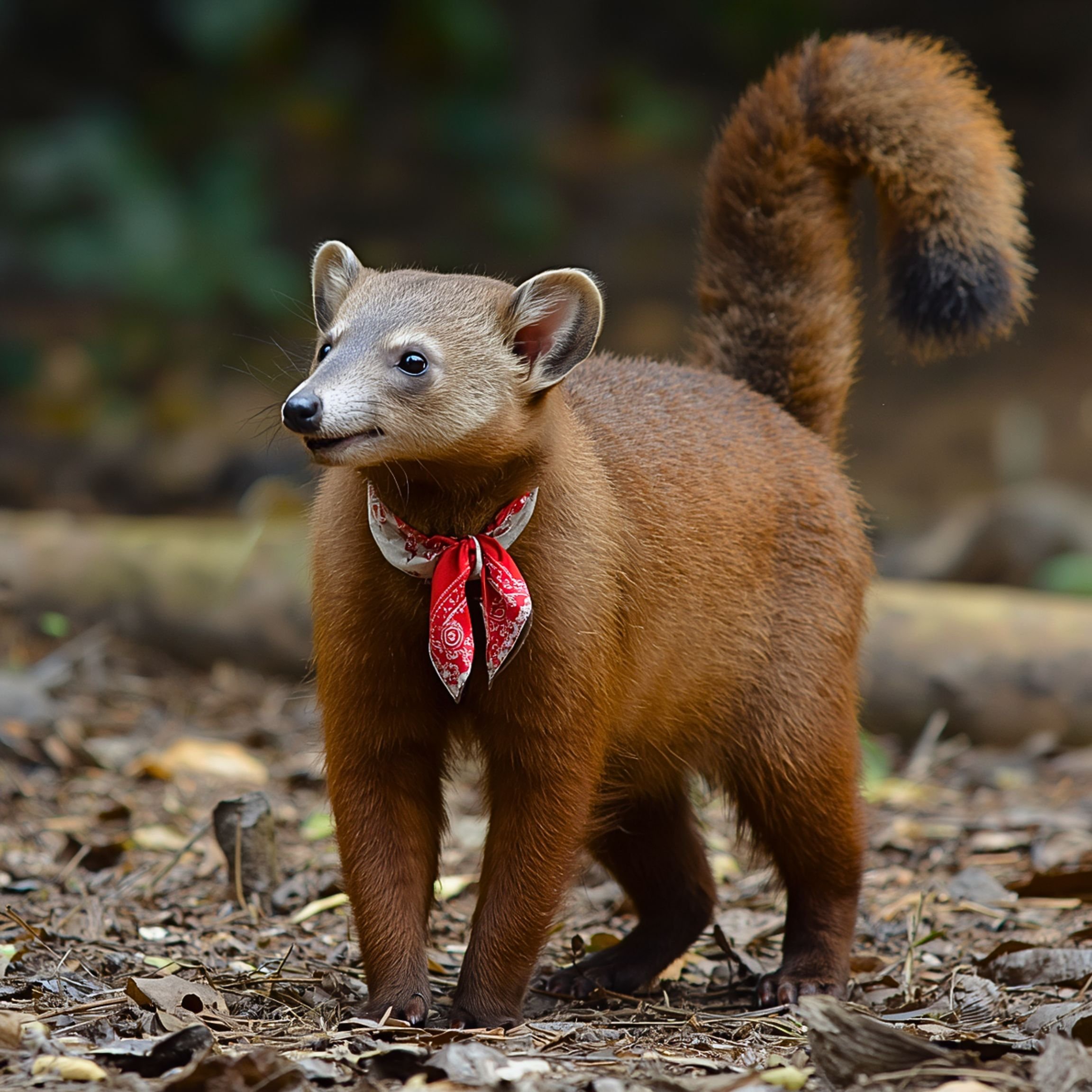 A young Coati wearing a kerchief