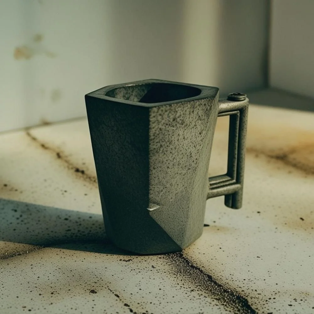 Brutalist ceramic mug with concrete texture and flat rectangular handle, rough surface, dramatic lighting 