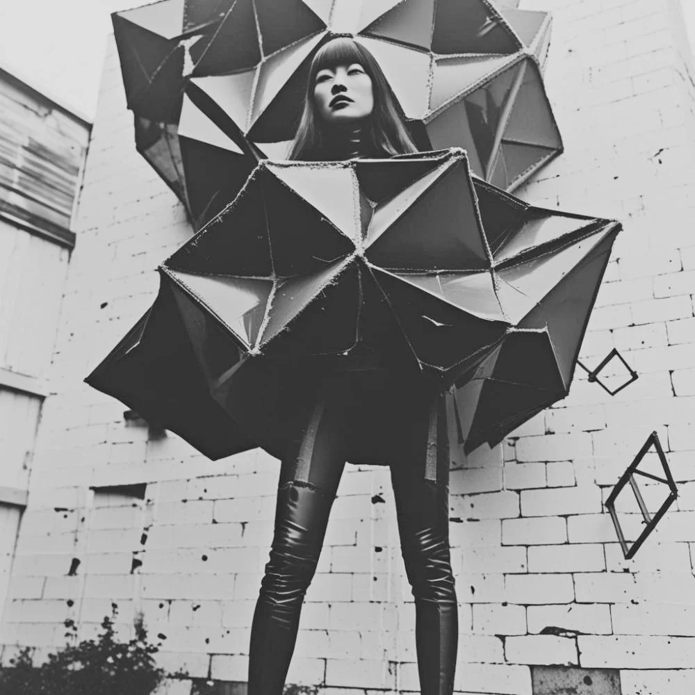 A production still from the underground film "No Cladding" 1997, a woman wearing a Brutalist costume, grayscale image