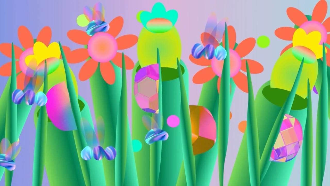  A still from Spoorcloud, an animation by Lantana Starr featuring saturated plant forms against a flat dreamscape background. 
