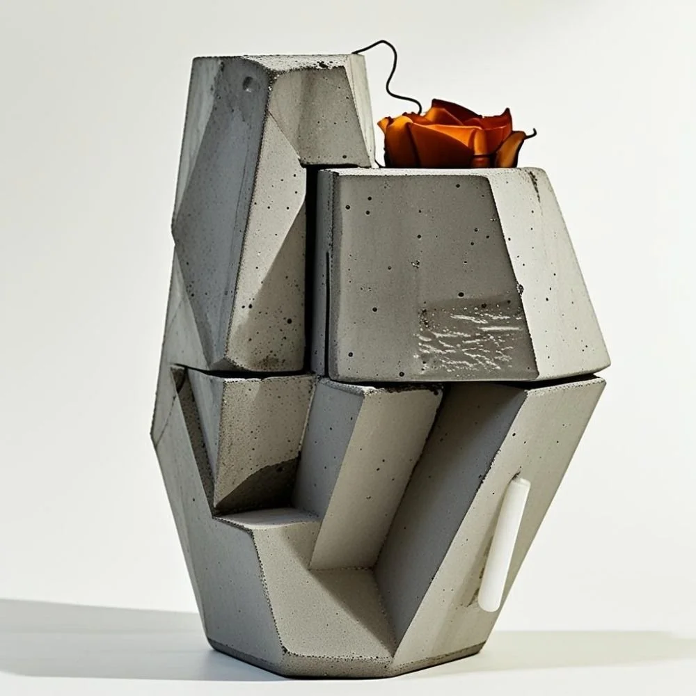  Brutalist ceramic vase with concrete texture and flat rectangular handle, rough surface, dramatic lighting 