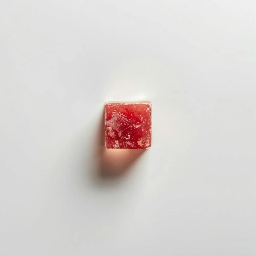  A single beef bouillon cube on a white surface, shot from above 
