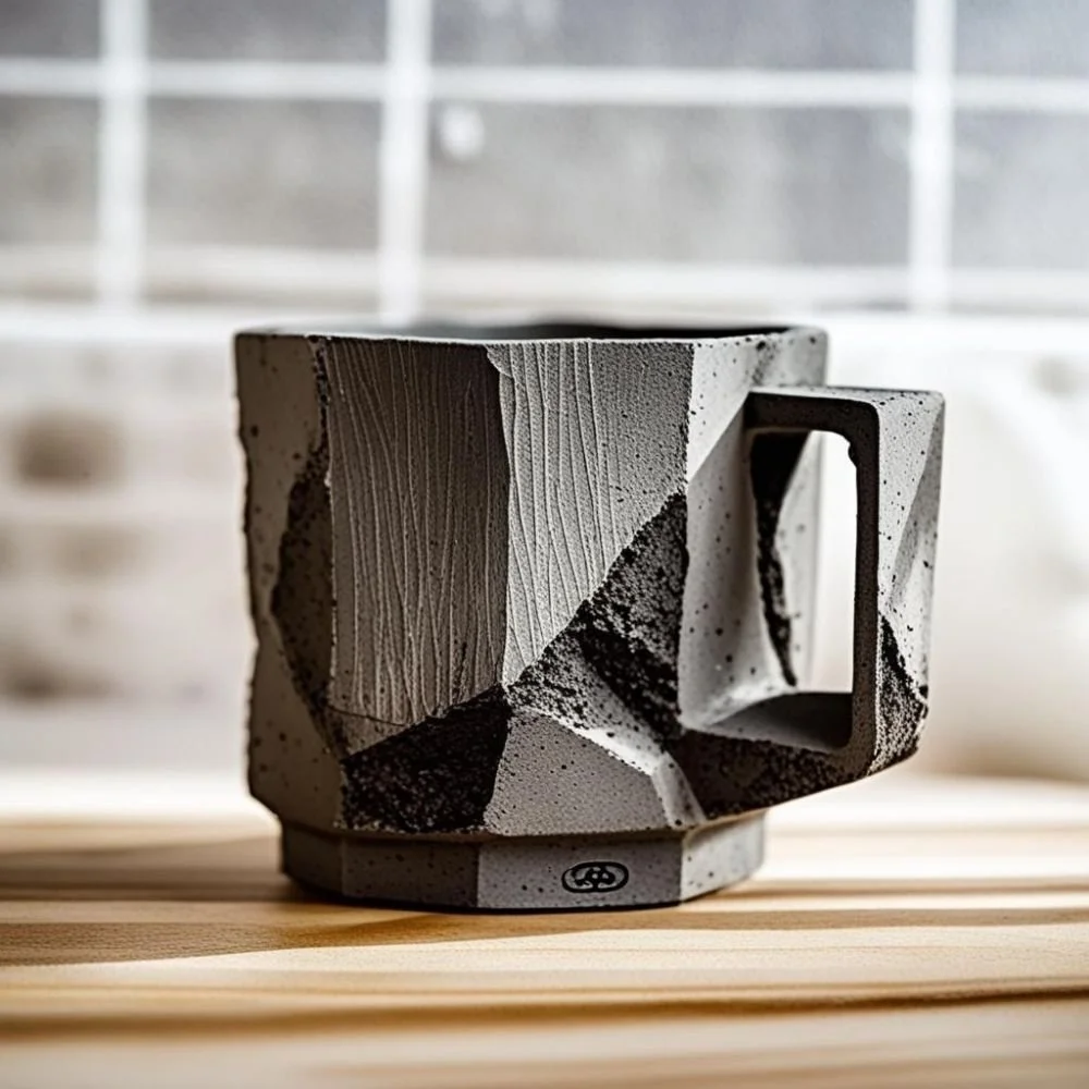  Brutalist ceramic mug with concrete texture and flat rectangular handle, rough surface, dramatic lighting 