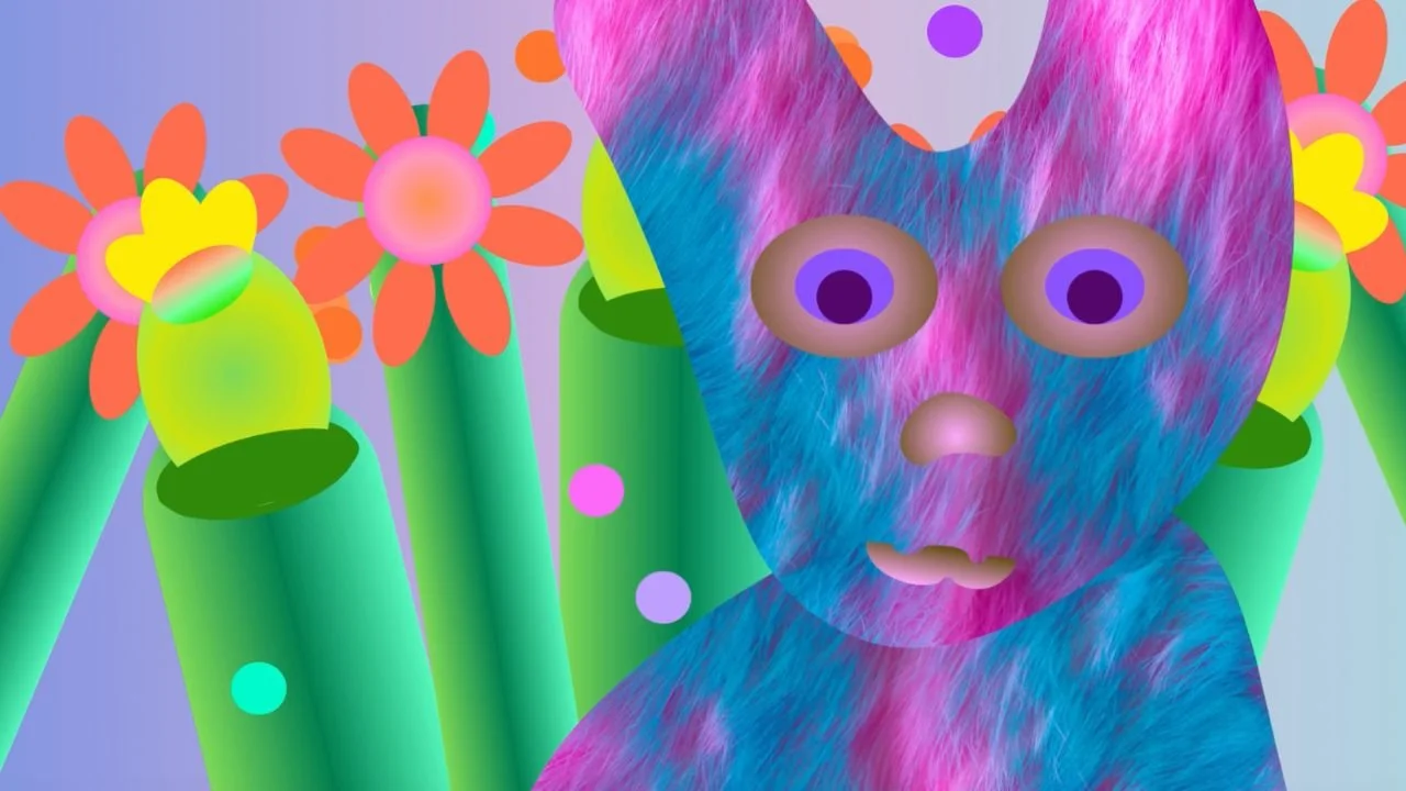  A still from Spoorcloud, an animation by Lantana Starr featuring saturated plant forms against a flat dreamscape background. Strange Creature. 