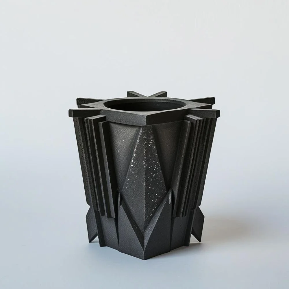  Brutalist ceramic cup with concrete texture and flat rectangular handle, rough surface, dramatic lighting 