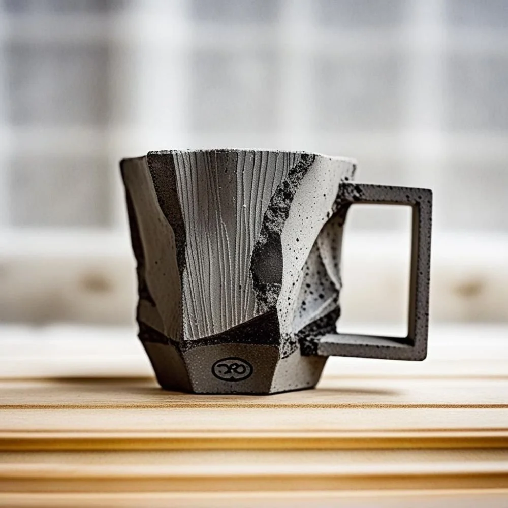  Brutalist ceramic mug with concrete texture and flat rectangular handle, rough surface, dramatic lighting 