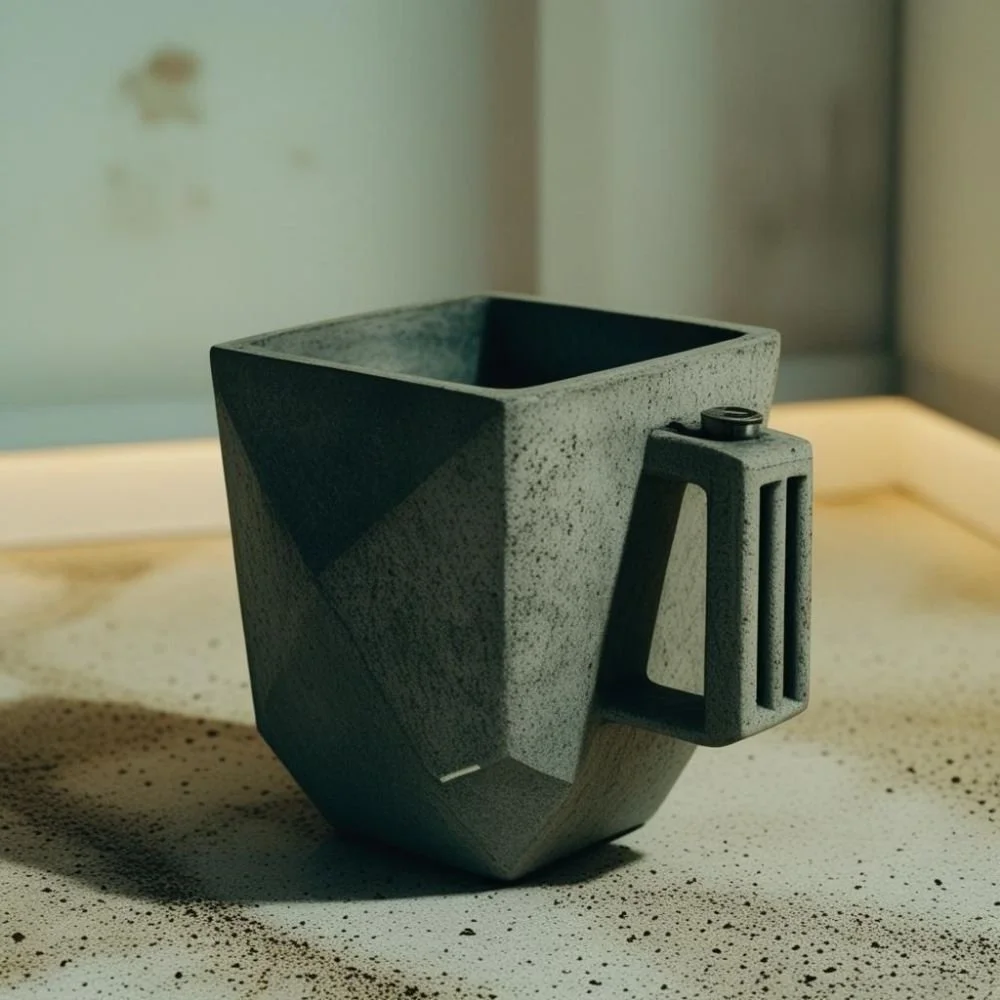  Brutalist ceramic mug with concrete texture and flat rectangular handle, rough surface, dramatic lighting 