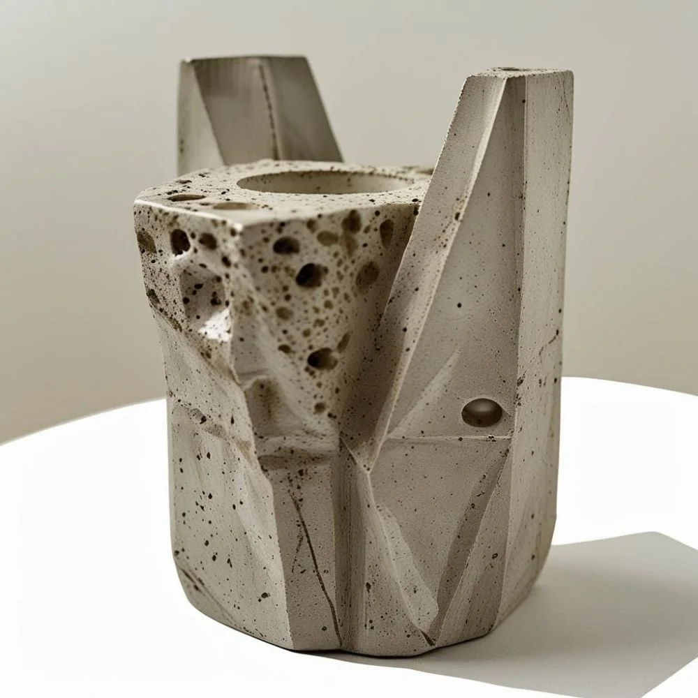  Brutalist ceramic candle holderwith concrete texture and flat rectangular handle, rough surface, dramatic lighting 