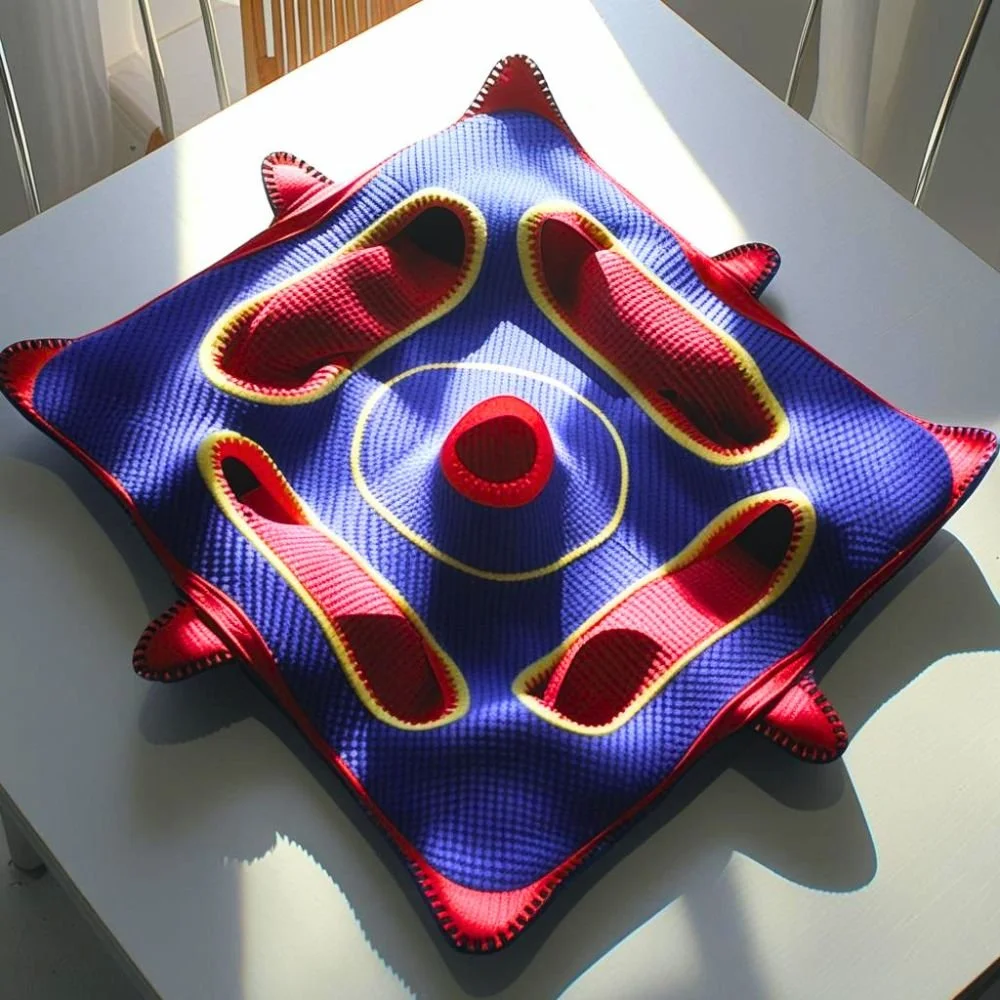  A handmade dimensional woven potholder in cobalt blue with red holes and spiked peaks, photographed on a plain surface. The textile has unusual three-dimensional structure with circular openings and raised points that extend beyond the flat plane of