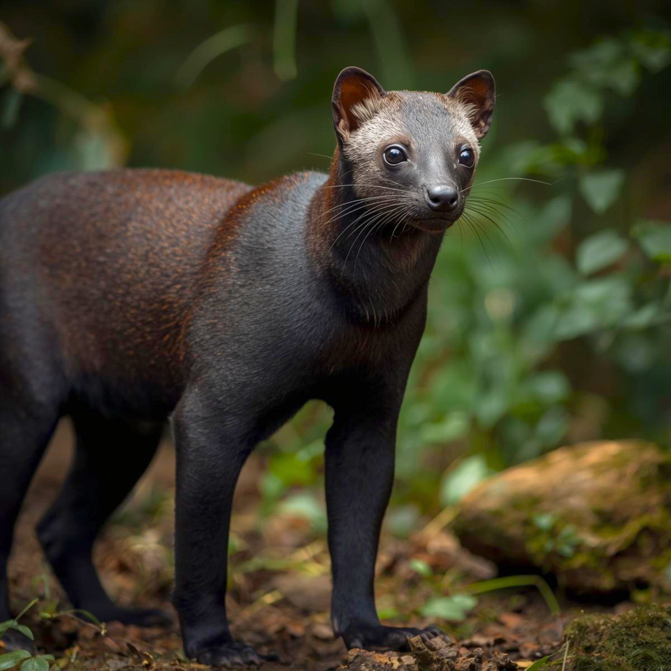 A tayra with sleek fur in the forest at dusk