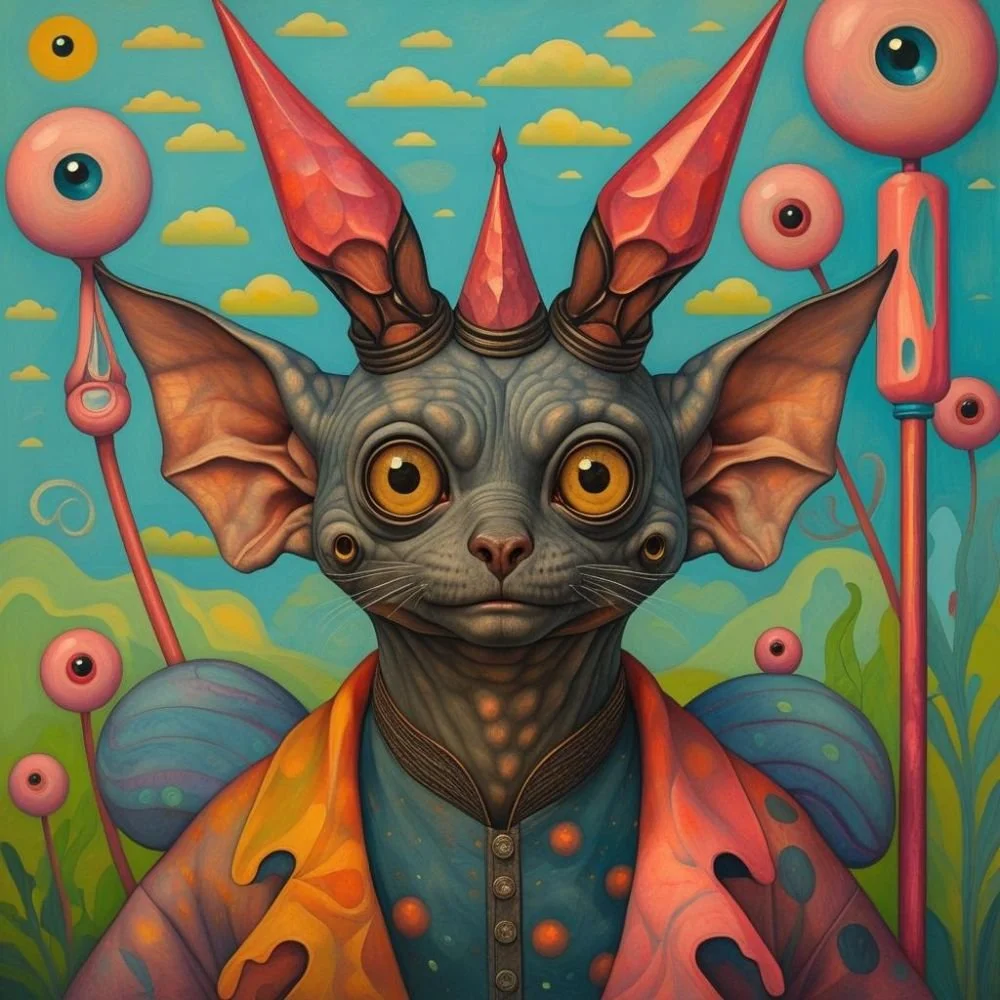 Strange creature with two pointed protrusions on its head painted , background has eyes