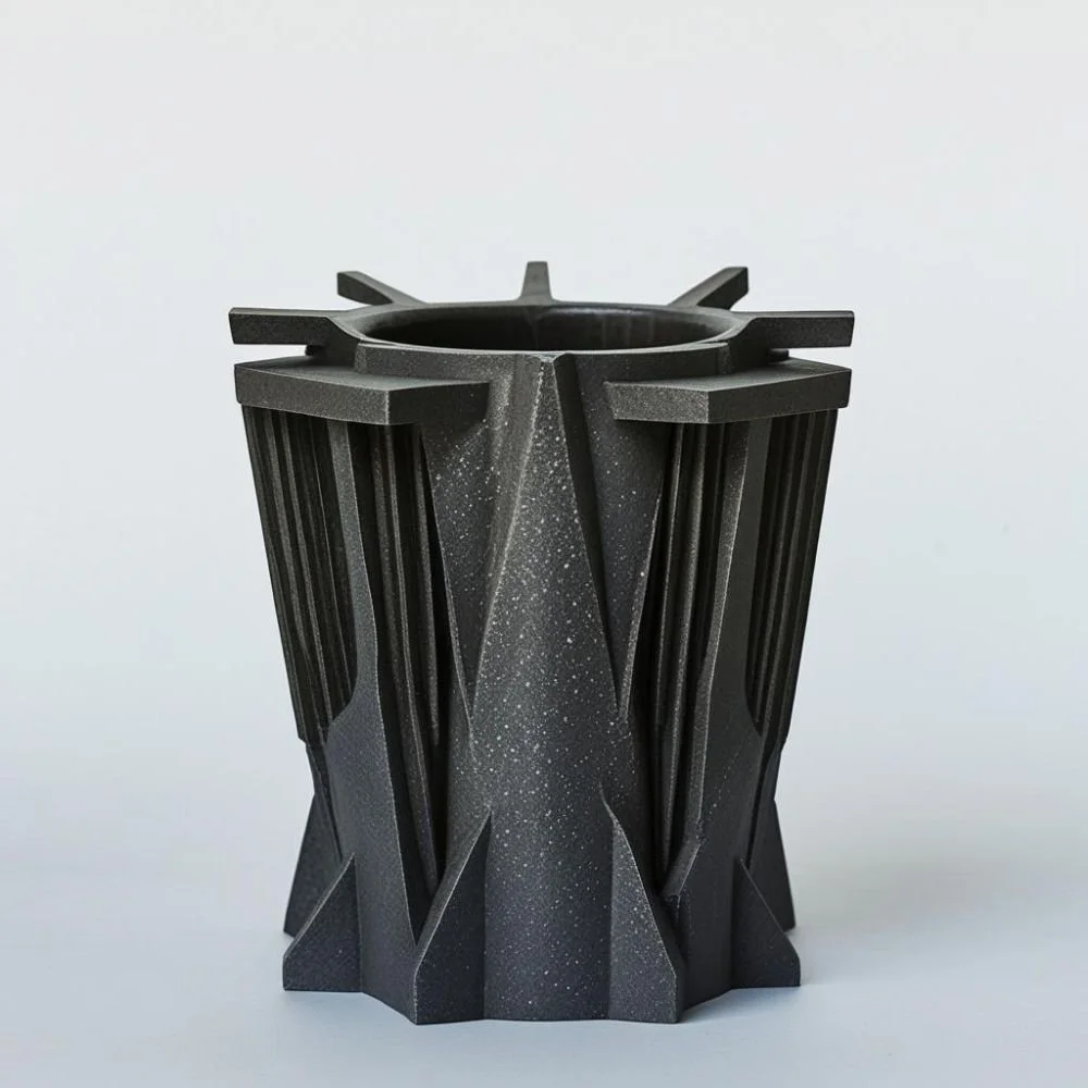  Brutalist ceramic cup with concrete texture and flat rectangular handle, rough surface, dramatic lighting 