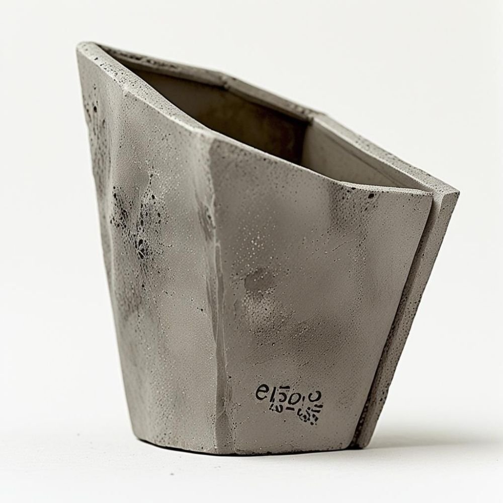  Brutalist ceramic trash can with concrete texture and flat rectangular handle, rough surface, dramatic lighting 