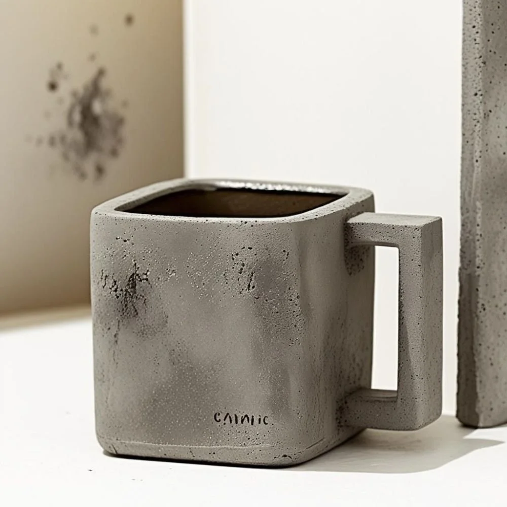  Brutalist ceramic mug with concrete texture and flat rectangular handle, rough surface, dramatic lighting 
