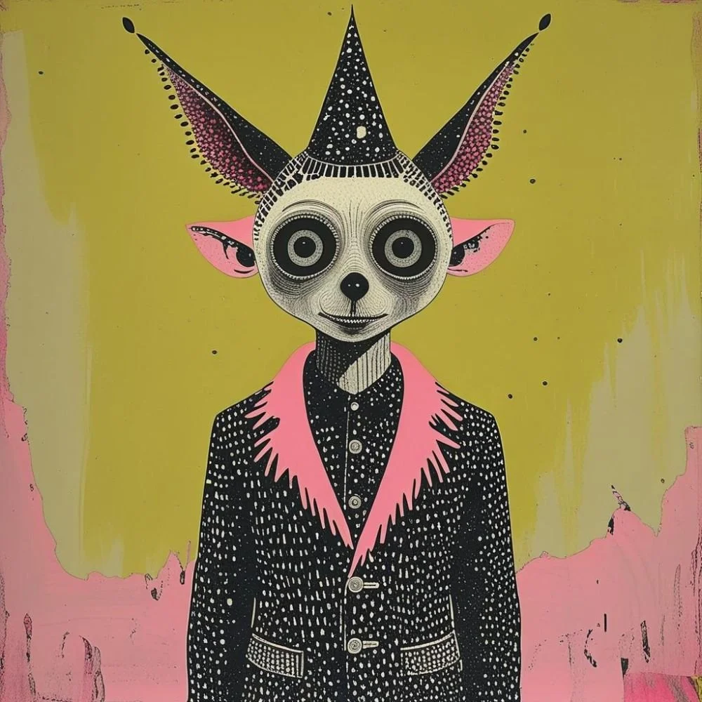 Strange creature with two pointed protrusions on its head pink and green painted