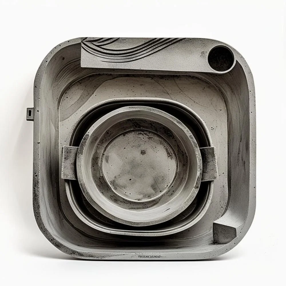  Brutalist ceramic dinner set with concrete texture and flat rectangular handle, rough surface, dramatic lighting 