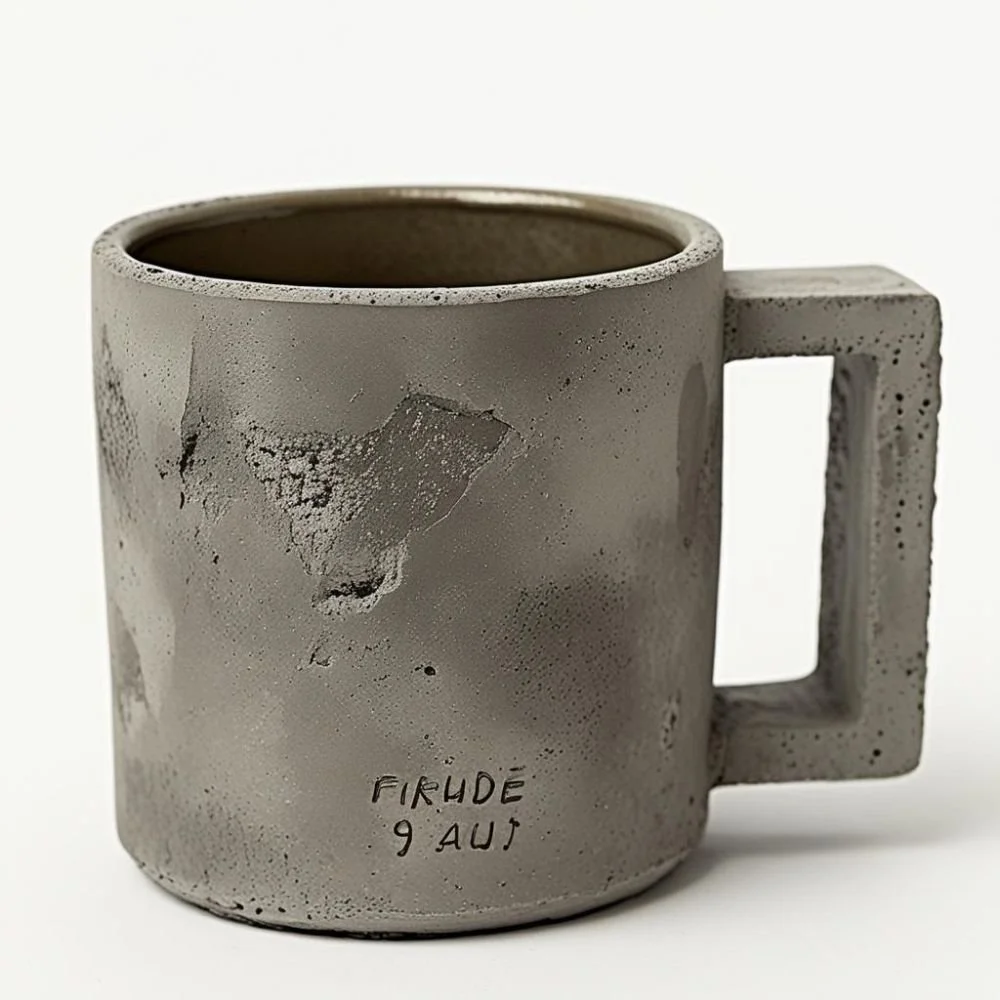  Brutalist ceramic mug with concrete texture and flat rectangular handle, rough surface, dramatic lighting 