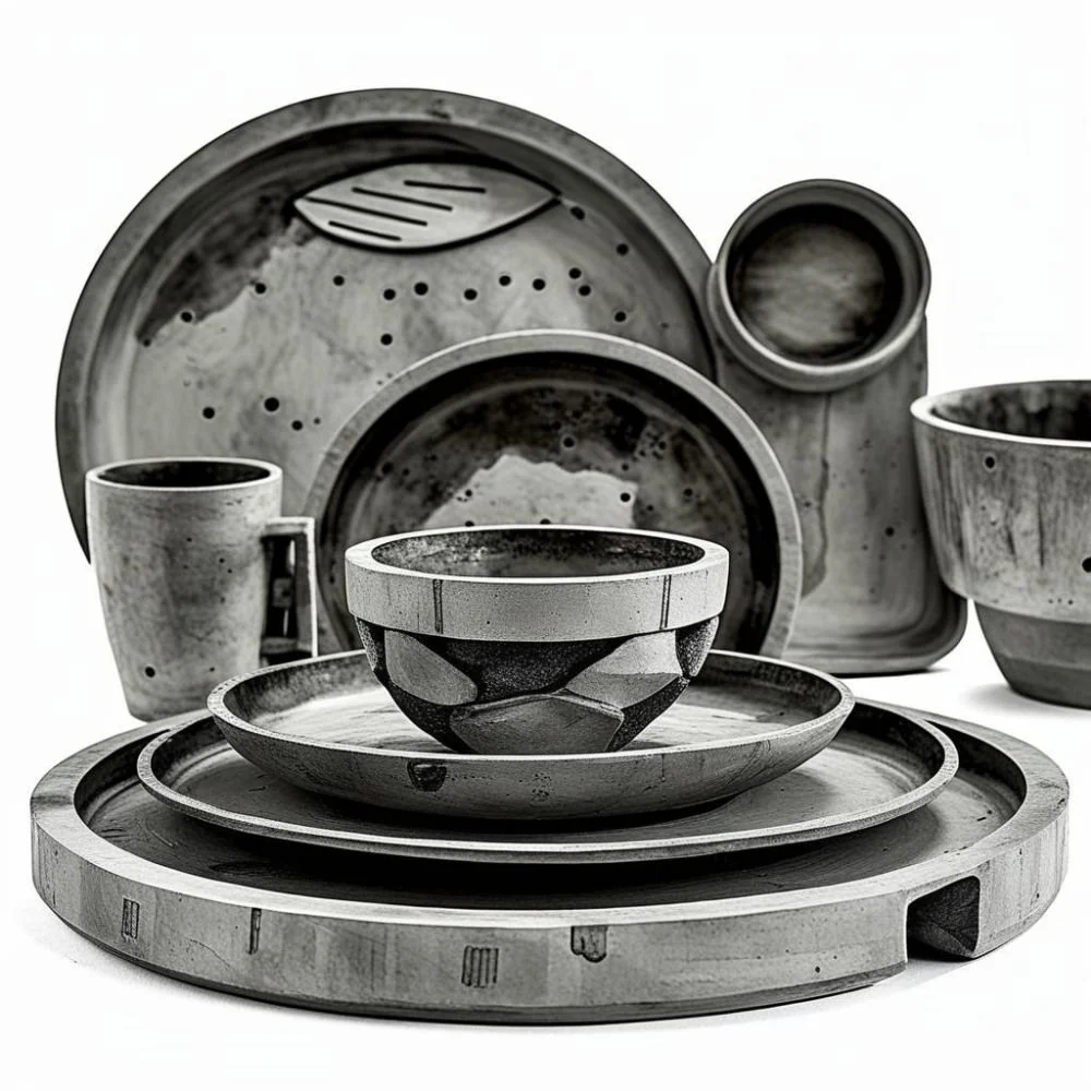  Brutalist ceramic dinner set with concrete texture and flat rectangular handle, rough surface, dramatic lighting 
